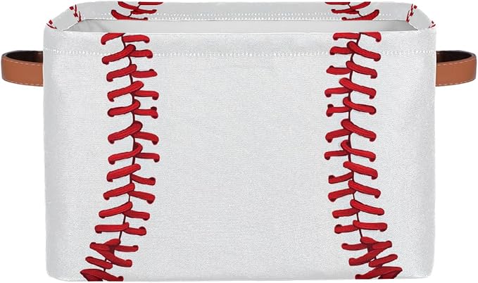 Baseball Storage Basket for Shelves, Storage Bins with Handles, Collapsible Basket for Organizing, Closet Toy Baskets for Nursery Room, 15x11x9.5 in, Canvas, Sports Baseball Stitches Lace