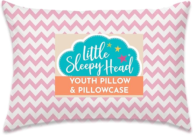 Little Sleepy Head Youth Pillow with Pillowcase 16x22, Soft Jumbo Toddler Pillows, Hypoallergenic Pillow Case - Best Kids Pillows for Sleeping, Perfect Kids Travel Pillows (Chevron Pink)