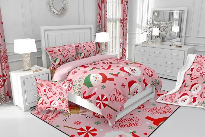 Feelyou Merry Christmas Kids Comforter Set King Size Santa Claus Snowman Bedding Set Deer Berries Duvet Quilt for Kids Boys Girls Bedroom Snowflake Decor Microfiber Ultra Soft Breathable