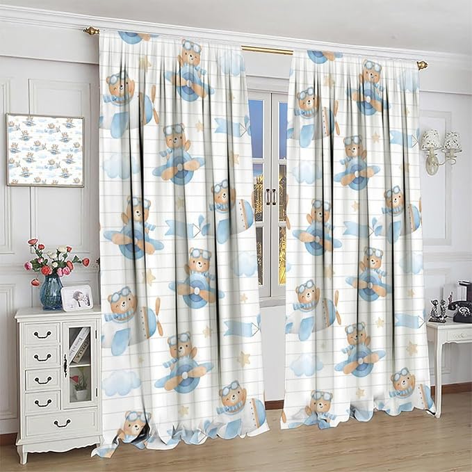 Cartoon Bear Curtains, Lovely Bear Adventure Airplane Blue White Stripe Blackout Window Treatments, Rod Pocket Thermal Insulated Drapes 2 Panel Sets for Kids Bedroom Nursery Classroom, 55"W X 63"L
