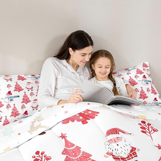 Feelyou Merry Christmas Comforter Set All Season Xmas Tree Snowman Bedding Set with 1 Pillow Cases Santa Claus Microfiber Kids Twin Bedclothes Bedroom Decor Duvet Quilt Breathable Soft