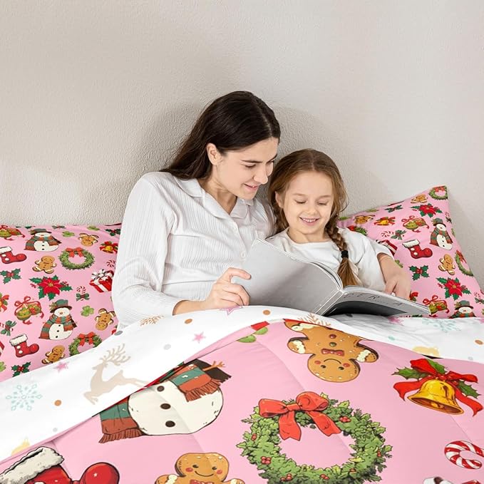 jejeloiu Merry Christmas Comforter Set Twin Size Cute Snowman Bedding Set for Kids Boys Girls Gingerbread Man Duvet Quilt Pink Bedroom Decor