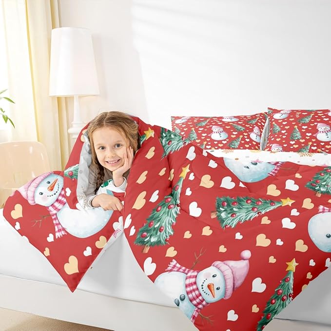 Feelyou Merry Christmas Comforter Set Twin Size Cute Snowman Bedding Set for Kids Boys Girls Christmas Tree Duvet Quilt Love Hearts Microfiber 2 Pcs with 1 Pillow Cases