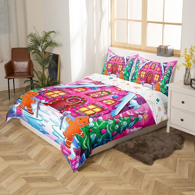 Feelyou Merry Christmas Comforter Cover Set Gingerbread Man Bedding Set Toddler Size for Kids Boys Girls Bedroom Bed Decor Christmas Duvet Cover Set Soft Quilt Cover,No Comforter