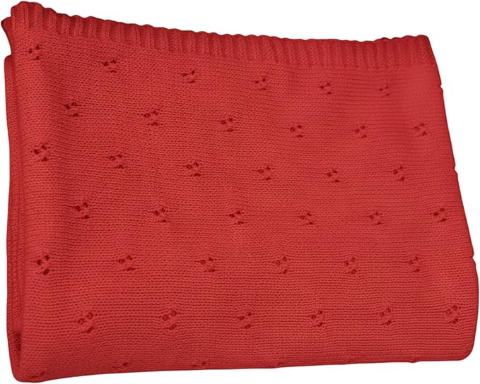 Baby Knit Blanket, 100% Cotton Eyelet Patterns, Soft, Cozy, Lightweight Swaddle for Newborn & Infant Swaddling Beige Neutral, Perfect Baby Shower Ideas Red 28x36