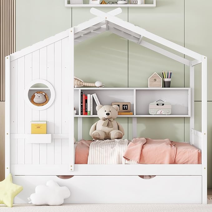 Linique Wooden Full Size House Bed with Trundle and Storage Shelf,Modern Design Full Platform Bed Frame with Pitched Roof,White