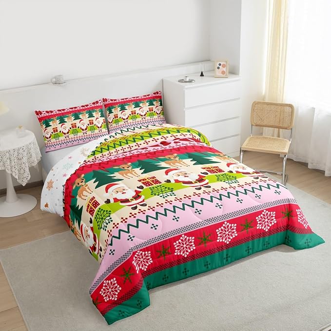 Feelyou Merry Christmas Comforter Set Toddler Size Santa Claus Bedding Set for Kids Boys Girls Cute Deer Duvet Quilt Snowflake Bedroom Decor Microfiber 2 Pcs with 1 Pillow Cases