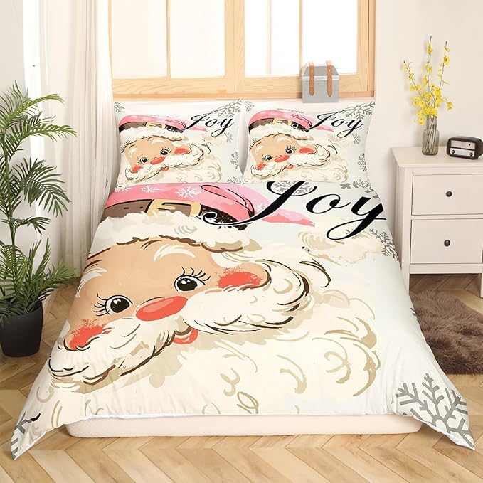 jejeloiu Pink Christmas Bedding Set for Kids Boys Girls Santa Claus Comforter Cover Set King Size New Year Decor Duvet Cover Bedroom Decor Xmas Bedspread Cover Bedding Collection 3Pcs