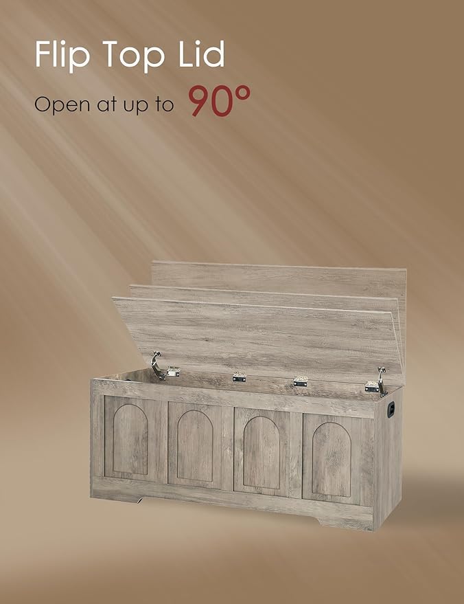 DINZI LVJ Storage Chest, 47.2" Rattan-Like Toy Box with 2 Safety Hinges, Wooden Entryway Storage Bench with Flip-Top, Large Trunk for Living Room, Bedroom, Easy Assembly, Gray Wash