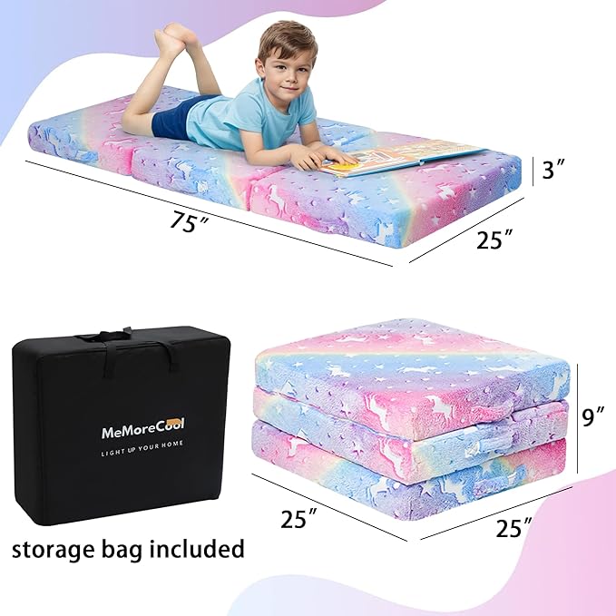 MeMoreCool Glow Rainbow Unicorn Foldable Floor Mattress for Kids, Trifold Nap Mat for Toddlers, Portable Daycare Sleeping Futon or Floor Bed, 75x25 Inch