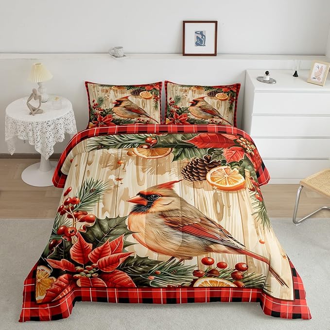 jejeloiu Kids Red Cardinal Comforter Set Full Size Christmas Red Black Plaid Flower Bedding Set for Boys Girls Teens Xmas Birds Animal Lemon Winter Wood Plank Duvet Quilt Room Decor