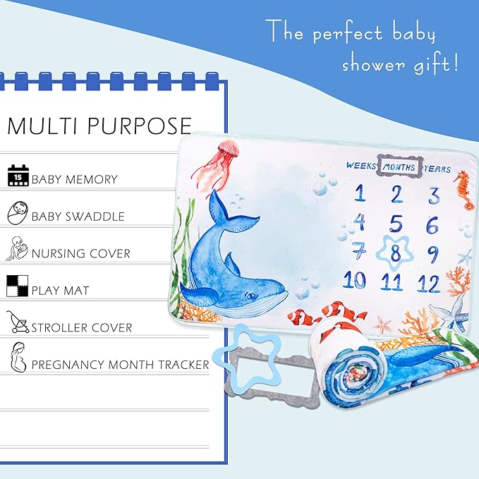 Baby Milestone Blanket| Original Design Baby Monthly Milestone Blanket Boy Girl|Baby Photography Props Blanket| 60'x40' Ocean World