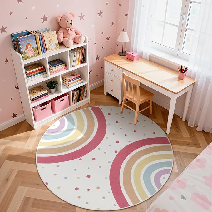 STARUIA Colorful Rainbow Rug for Nursery, 5 Ft Machine Washable Rug for Kids Room, Large Round Rugs for Girls Bedroom, Circle Kids Rugs Soft Polka dot Carpet for Classroom Playroom Tent