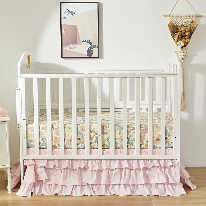 Brandream Crib Bed Skirt for Baby Girls Boys Blush Pink Boho Bohemian Solid Cotton Toddler Bedskirt Farmhouse Chic Ruffle