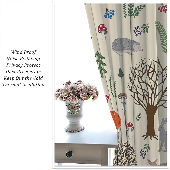 Kids Forest Animal Curtains, Rustic Cute Wild Animal Fox Deer Hedgehog Window Treatments Farmhouse Woodland Window Drapes for Girls Boys Nursery Toddler Bedroom 63x63in