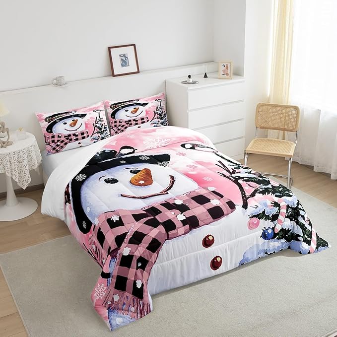 Feelyou Kids Christmas Theme Decorations Bedding Set Xmas Snowman Comforter Set for Boys Girls Snowflake Kawaii Cute Comforter Watercolor Pink Quilt Set Bedroom Collection Toddler Size