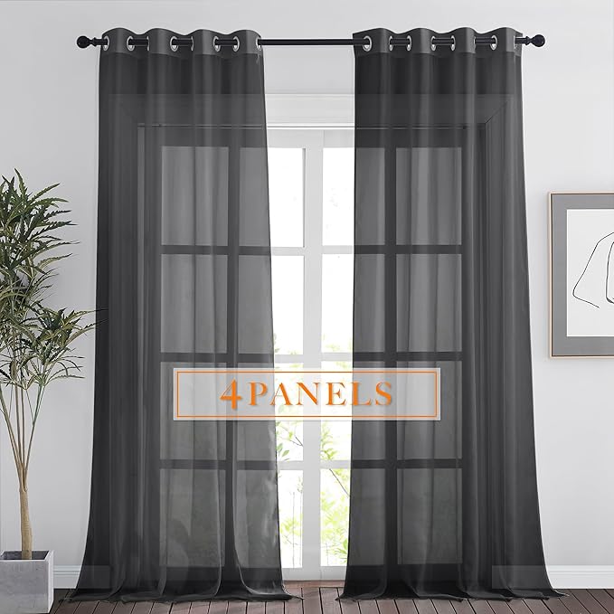 RYB HOME Black Sheer Curtains, Light Filtering Extra Long Grommet Top Elegant Window Panels, Airy & Breathable Voile Sheer Drapes for Large Window, Living Room, Bedroom, 54W by 96L, Set of 4