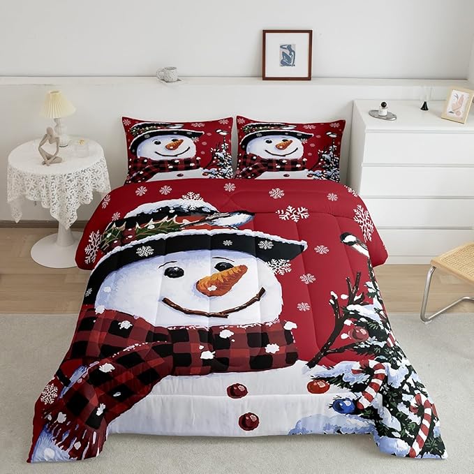 Feelyou Kids Christmas Theme Decorations Bedding Set Xmas Snowman Comforter Set for Boys Girls Red Bedroom Collection King Size