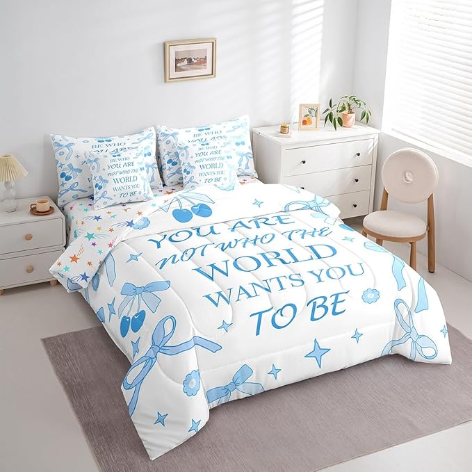 7 Pieces Blue Bowknot Kids Comforter Set King,Cherry Tropical Fruit Cartoon Princess Bedding Set,Bow Tie Stars Daisy Cute Blue Dreamy（Comforter+Fitted+Flat Sheet+2 Pillowcases+2 Throw Pillow Covers）