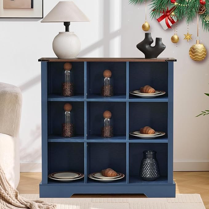 9 Cube Storage Organizer, 3 Tier Book Shelf with Led Lights, Farmhouse Book Shelves for Living Room, Horizontal Toy Storage Bookshelf, Wood Display Bookcase Cabinet for Bedroom, Office, Blue