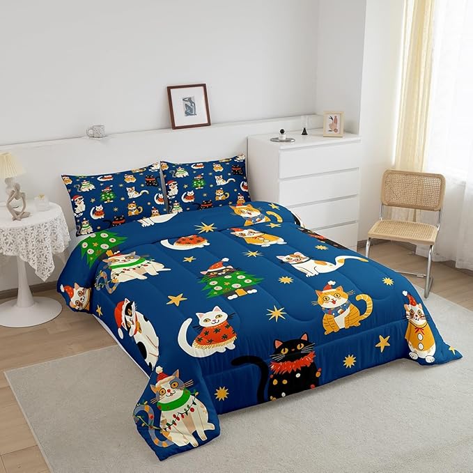 Erosebridal Merry Christmas Kids Cartoon Bedding Set King Size Cute Cat Comforter Set Xmas Tree Quilts for Teens Boys Girls Room Decor,Kawaii Animals Duvet Insert,Blue