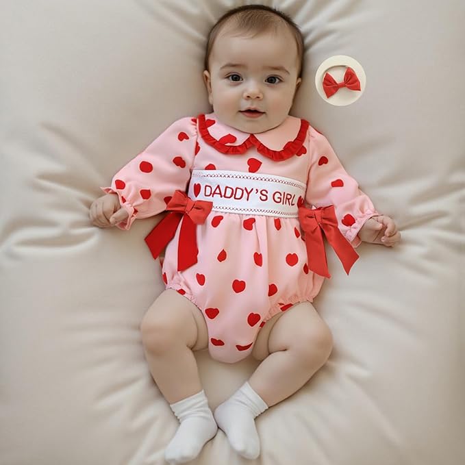 Amiblvowa Baby Girl Valentines Day Outfit Embroidery Love Heart Smocked Bubble Romper Bodysuit Cute Infant Newborn Clothes