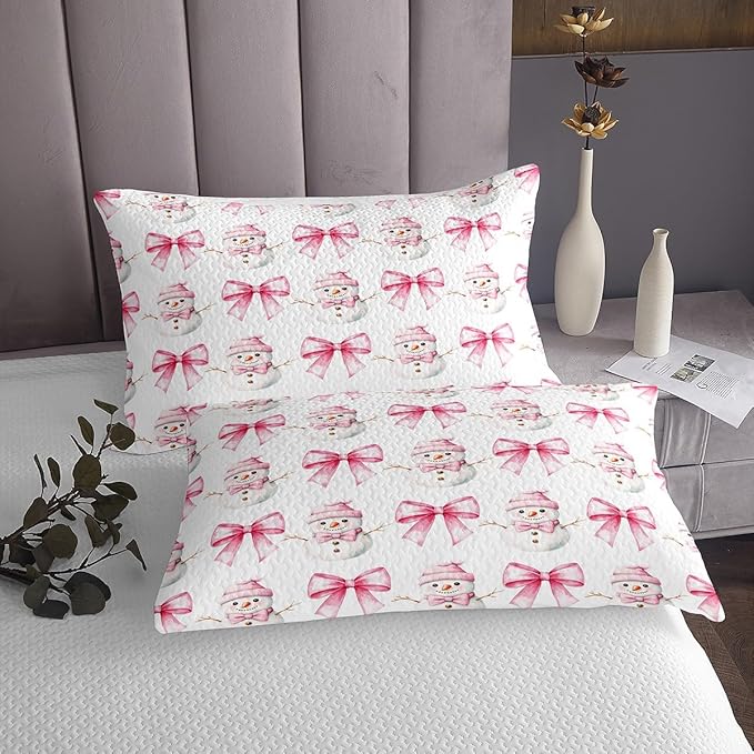 Cartoon Snowman Kids Bedspread Twin Size,Pink Bowknot Bow Tie Princess Toddler Coverlet Set,Girls Women Room Decor,Merry Christmas Xmas Bow Quilted Coverlet,New Year Bedding Quilt,1 Pillowcase