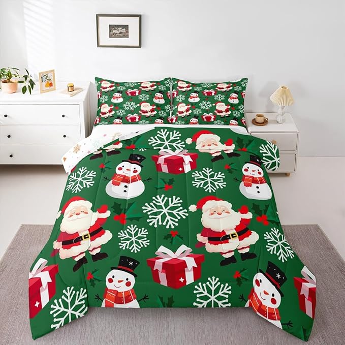 jejeloiu Merry Christmas Comforter Set Twin Size Xmas Santa Claus Bedding Set for Kids Boys Girls Cute Snowman Duvet Quilt Green Bedroom Decor