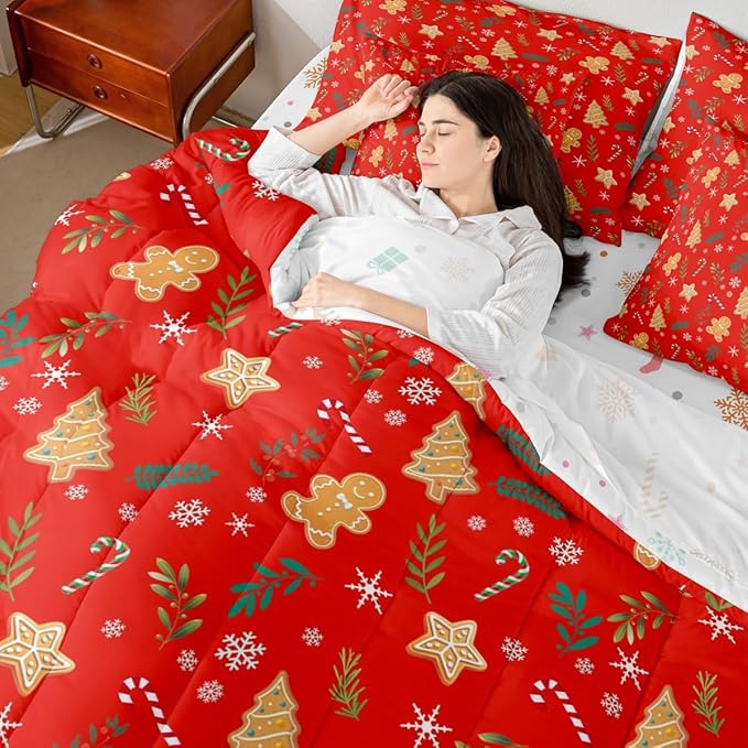 Feelyou Christmas Tree Comforter Set King Size 7 Pieces Cute Gingerbread Man Bedding Set for Kids Boys Girls Red Botanical Bed in a Bag Reversible Xmas Decor Bedroom Quilted Breathable Soft
