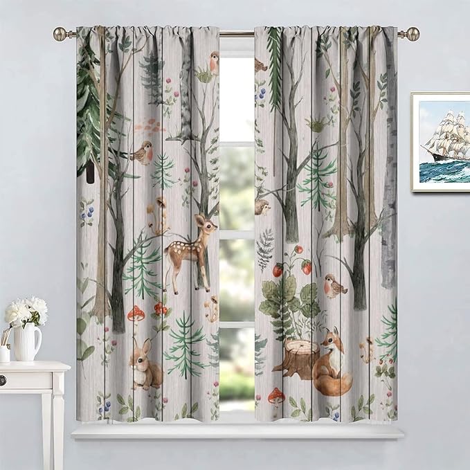 Forest Animal Curtains,Winter Dry Branches Pine Tree Moose Bear Animal Print Curtains for Children Boys and Girls Bedroom Living Room 72x63in