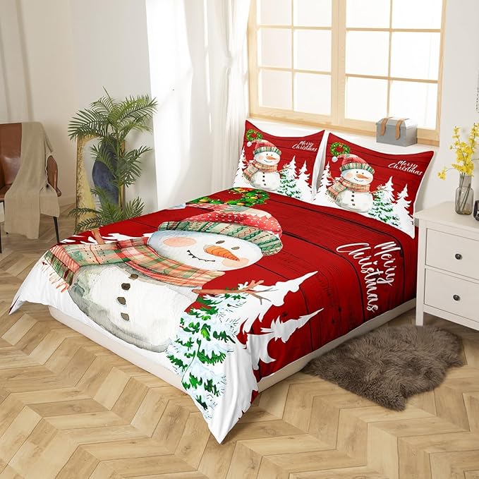 Merry Christmas Duvet Cover Set Full Size, Cute Snowman and Xmas Tree Print Comforter Cover with 2 Pillowcases, Red Wooden Stripe Print Bedding Set 3pcs for Kids Girls Bedroom Decor,No Comforter