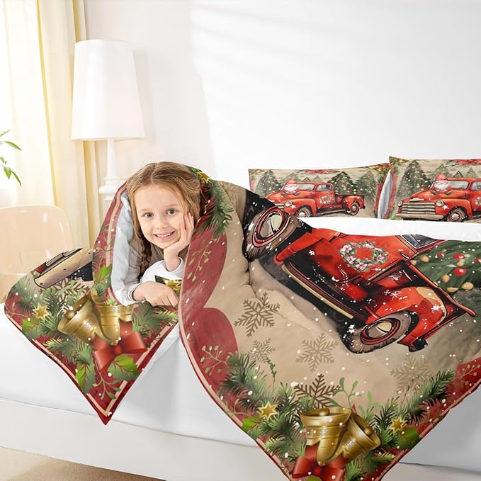Manfei Red Truck Comforter Set Twin Size, Xmas Trees Santa Claus Snowflake Bedding Set 2pcs for Kids Boys Girls Room Decor, Christmas Theme Down Comforter New Year Quilt Set with 1 Pillowcase