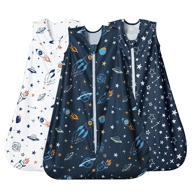 david's kids 3 Pack Warm Micro Fleece Baby Sleep Sack 18-24 Months, Soft Baby Wearable Blankets with 2-Way Zipper, Comfy Winter Sleeping Bags for Toddler Boys Girls Neutral, X-Large Size, Space