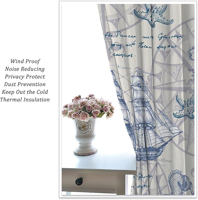 Nautical Sailboat Map Curtain,Ship Compass Lighthouse Anchor Decorative Curtain Polyester Fabric Waterproof Bedroom Curtain Set 2 Panels,42x63 Inches
