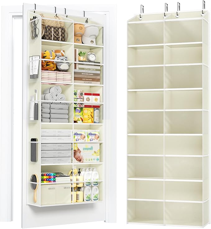 PureSpace 5-Tier Over The Door Organizer with 10 Side Mesh Pockets & Clear Windows, 80 lb Weight Capacity Hanging Storage for Bathroom, Bedroom, Nursery, Kitchen, Organizer Toys (Beige Clear wind)