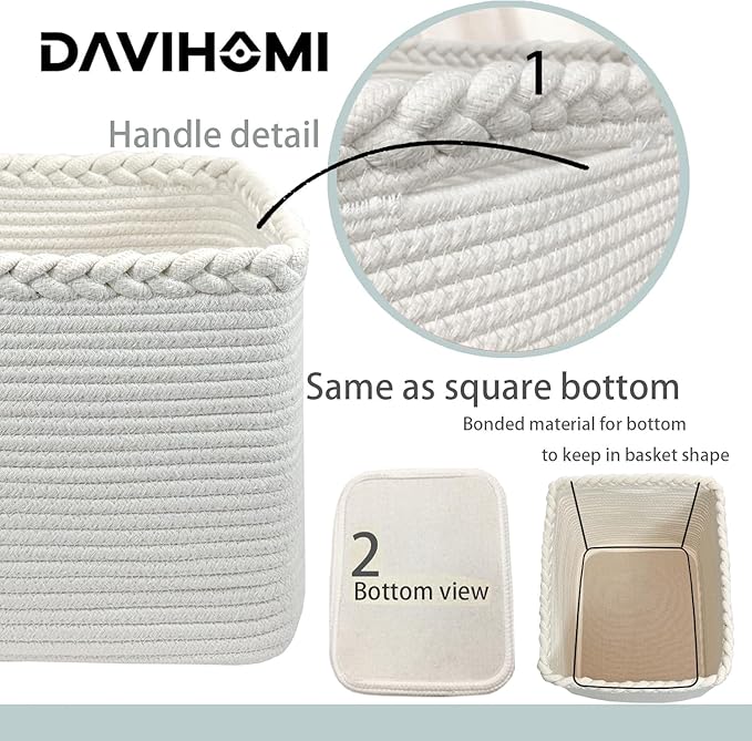 Rectangular Woven Cotton Rope Basket for Organizing, Gift Baskets for Handles, Empty Gift Baskets, Medium Rope Basket|13.5" x 11" x 9.5" home decor for Toys,Towels, Pillows,Clothing（White）