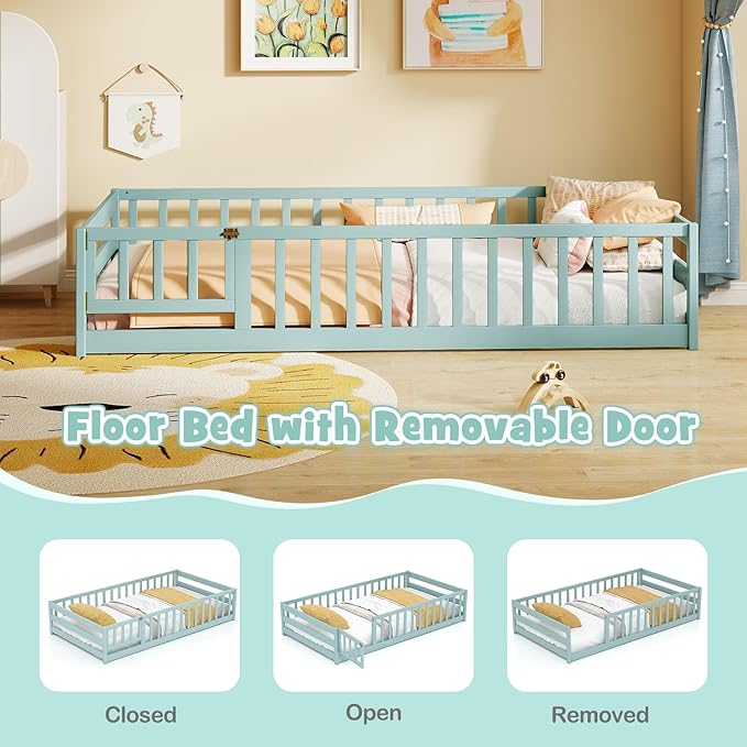 KOMFOTT Twin Size Wood Floor Bed with Door & Fence, Montessori Bed Frame with Full Length Safety Guardrails, Door & Latch, Wooden Montessori Floor Bed for Kids, Girls, Boys (Twin,Green)
