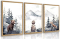 Cyebmo Woodland Boy Nursery Wall Art Set of 3, Whimsical Boy Adventure Wall Decor, Mountain Forest Animal Bear Fox Canvas Painting for Classroom Kids Room Baby Nursery Wood Framed 12"x16"x3