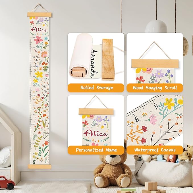 Personalized Name Growth Chart for Wall, Painted Plants Canvas Height Chart for Kids Baby Child Toddler, Canvas Growth Chart for Wall Nursery Decor, Hangable & Waterproof