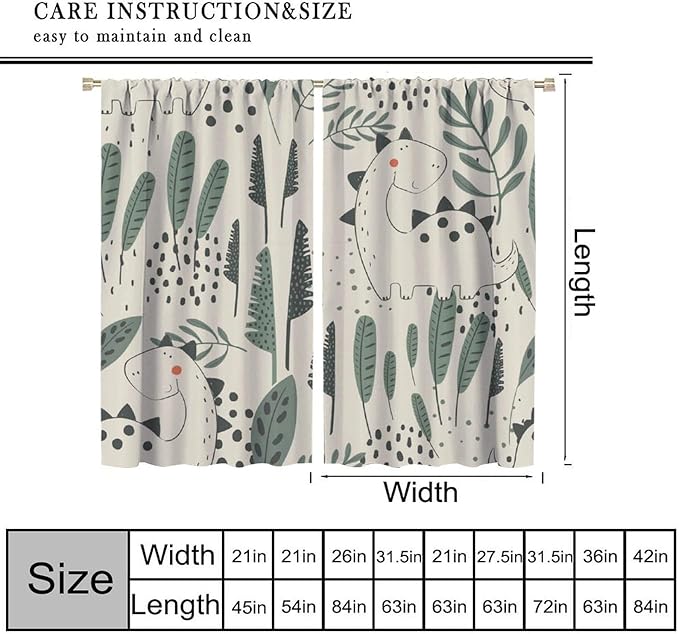 Dinosaur Curtains, Cute Dino Tropical Leaves Plant Beige Green Blackout Window Treatments, Rod Pocket Thermal Insulated Drapes 2 Panel Sets for Children Bedroom Nursery Classroom, 52" W X 84" L