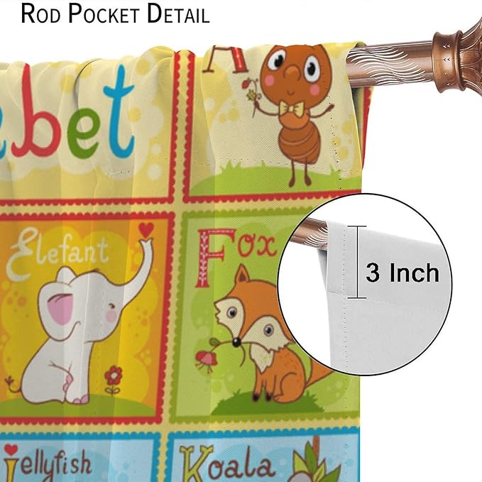Alphabet Curtains Kids Educational Learning Tool Baby Cartoon Animals Colorful Curtain with Rod Pocket for Bedroom Living Room Decor Drapes Window Treatments 2 Panels Set 63" W X 72" L