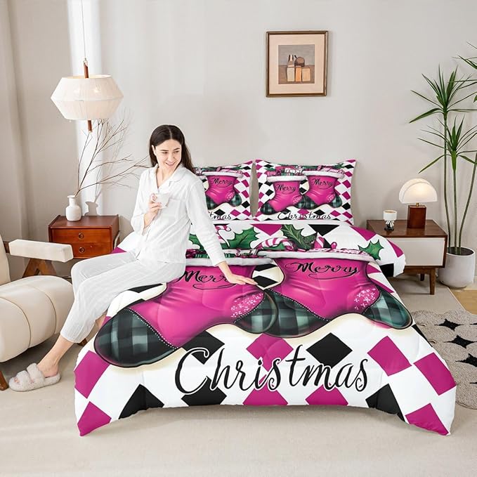 Feelyou Merry Christmas Comforter Set All Season Cartoon Shoes Bedding Set with 1 Pillow Cases Microfiber Kids Toddler Bedclothes Winter Bedroom Decor Duvet Quilt Breathable Soft