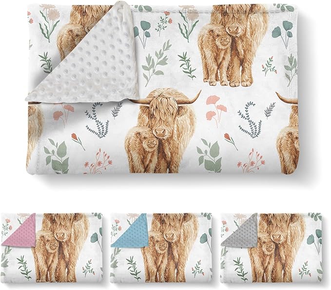 Personalized Baby Name Blanket for Boy Girl, Soft Flannel Blanket with Double Layer Dotted Backing for Infant Newborn, Nursery Crib with Floral Highland Cow Design, Gifts for New Mom(60" x80)