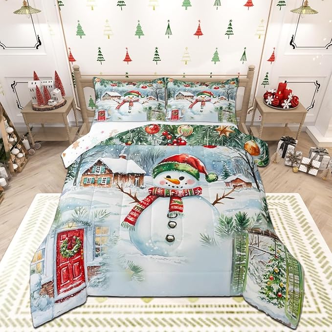 Castle Fairy Merry Christmas Comforter Set Toddler Size,Watercolor Cute Snowman Pine Trees Bedding Set for Kids Boys Girls,Xmas Cartoon Decor Rustic Farm Natural Quilted Duvet Set with 1 Pillowcase