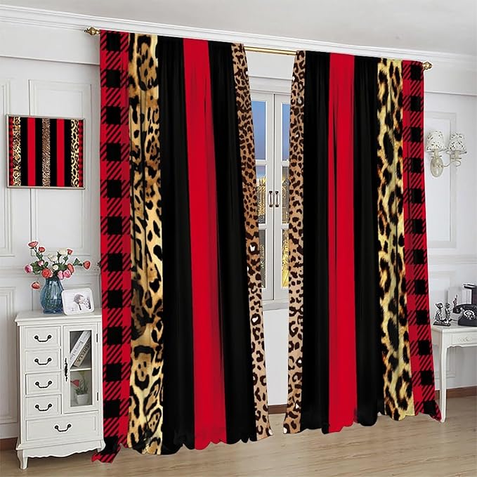Leopard Skin Blackout Window Curtains, Brown Cheetah Red Black Plaid Stripe Print Window Drapes for Kids Boy Girls Bedroom Living Room 84" W X 84" L