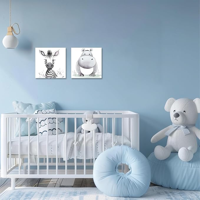 Baby Animal Framed Canvas Wall Art Set of 2 - Cute Baby Zebra Hippo Paintings Pictures Nursery Decor Wild Animals Posters Prints for Living Room Kids Room Decor(Artwork-01, 24"x24"x2P)