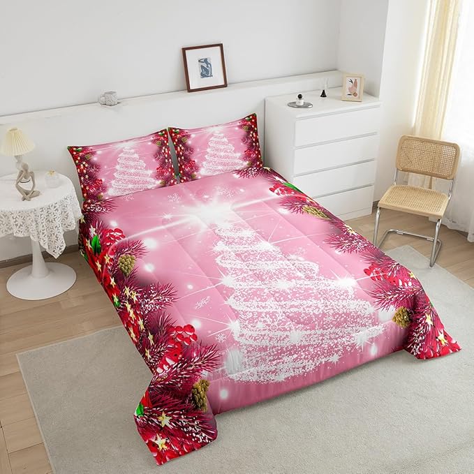 Feelyou Kids Merry Christmas Decorations Comforter Set, Kids Santa Tree Bedding Set King Size for Boys Girls Teens Xmas Christmas Bell Decor Comforter Glitter Pink Quilt Set