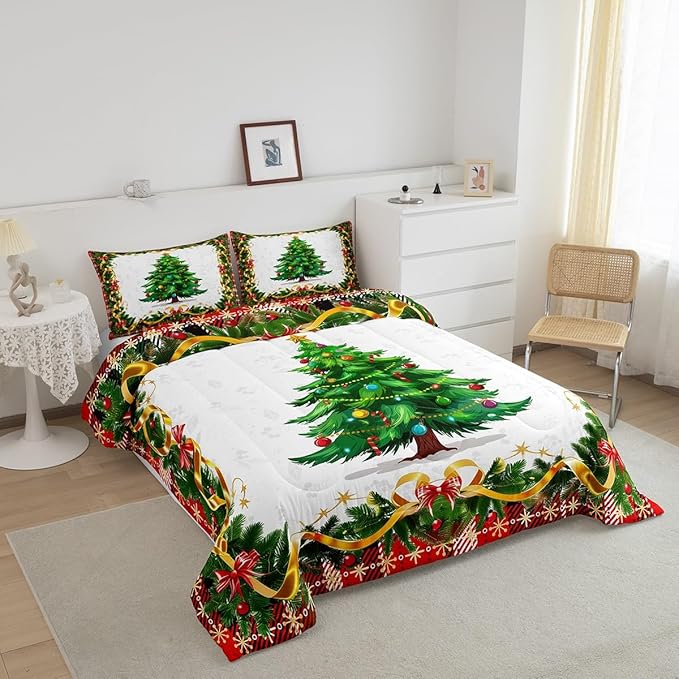 Christmas Tree Bedding Set Full Size,Merry Christmas Comforter Set for Kids Boys Girls Room Decor,Snowflake Bowknot Green Pine Leaves Duvet Insert 3Pcs,Xmas Plaid Patchwork Quilt Set,2 Pillowcases