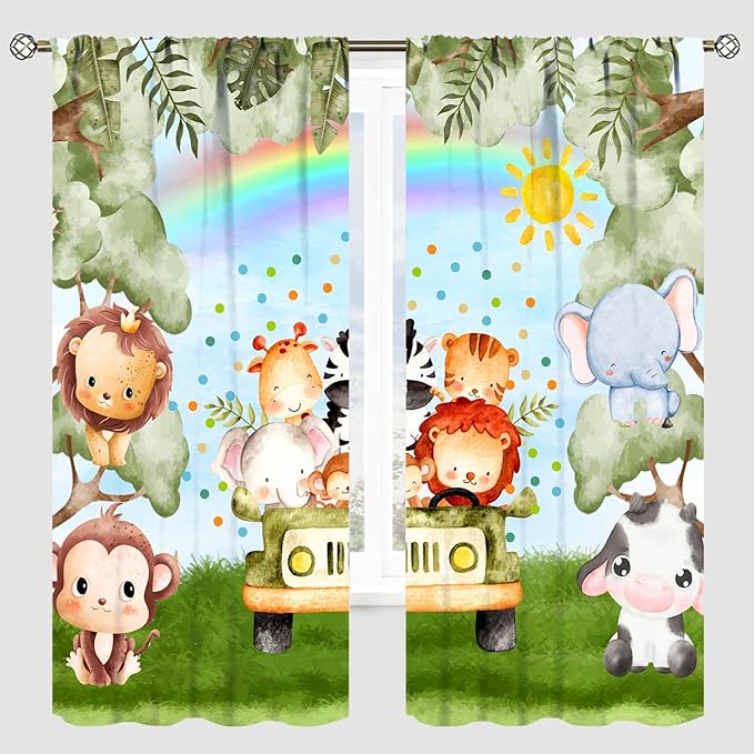 Woodland Kids Curtains Rustic Woodland Wild Animals Watercolor Forest Rainbow Sun Window Draeps for Baby Girls Boys Kids Nursery Bedroom Living Room 2 Panels, 42x45 Inch