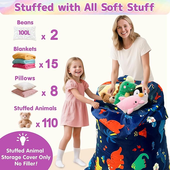 Jorbest Stuffed Animal Storage Bean Bag Chair for Kids and Adults, Stuffed Animal Storage, Dinosaur Bean Bag Chair Cover for Kids - Cover ONLY (200L/52 Gal)